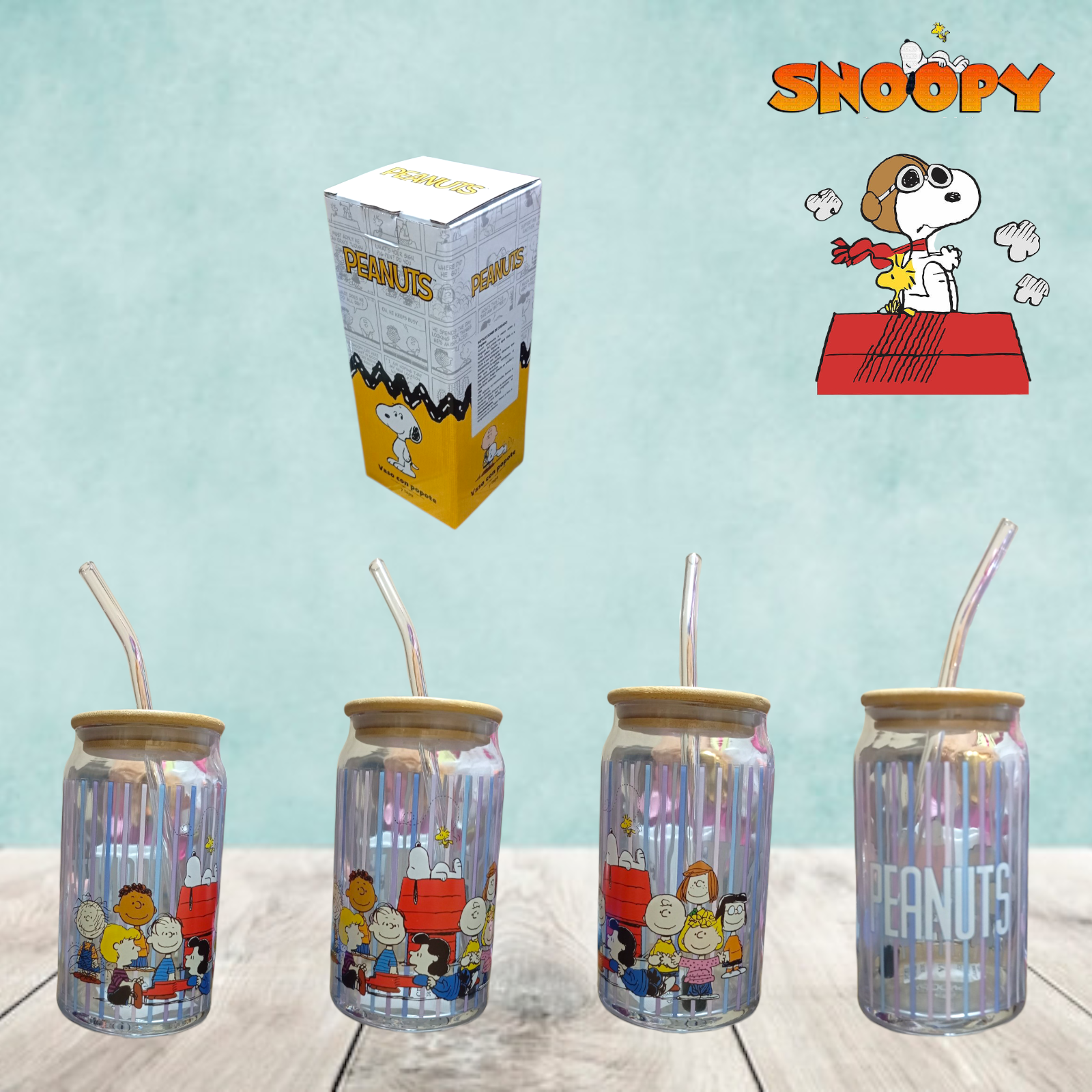 Vaso de cristal con tapa Snoopy